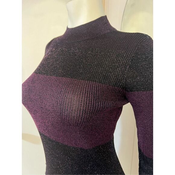 White House Black Market Tight Knit Sparkly Mock Neck Purple/Black Tunic Sweater - Picture 3 of 11
